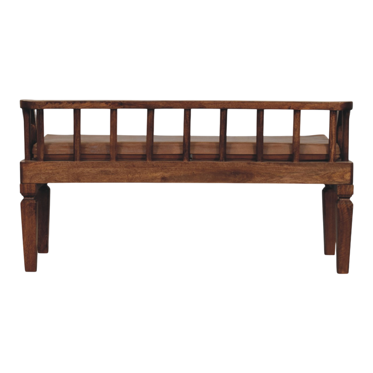 Kelso Bench in Chestnut with Tobacco Leather, viewed from the back.