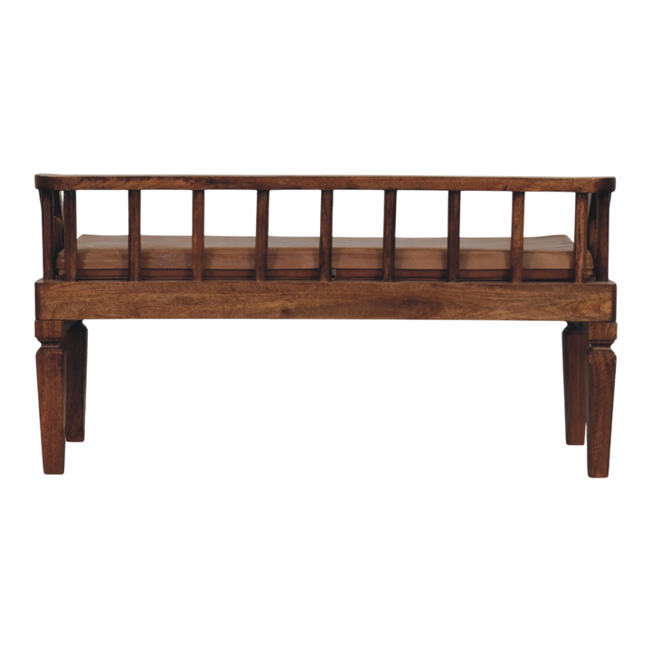 Kelso Bench in Chestnut with Tobacco Leather, viewed from the back.