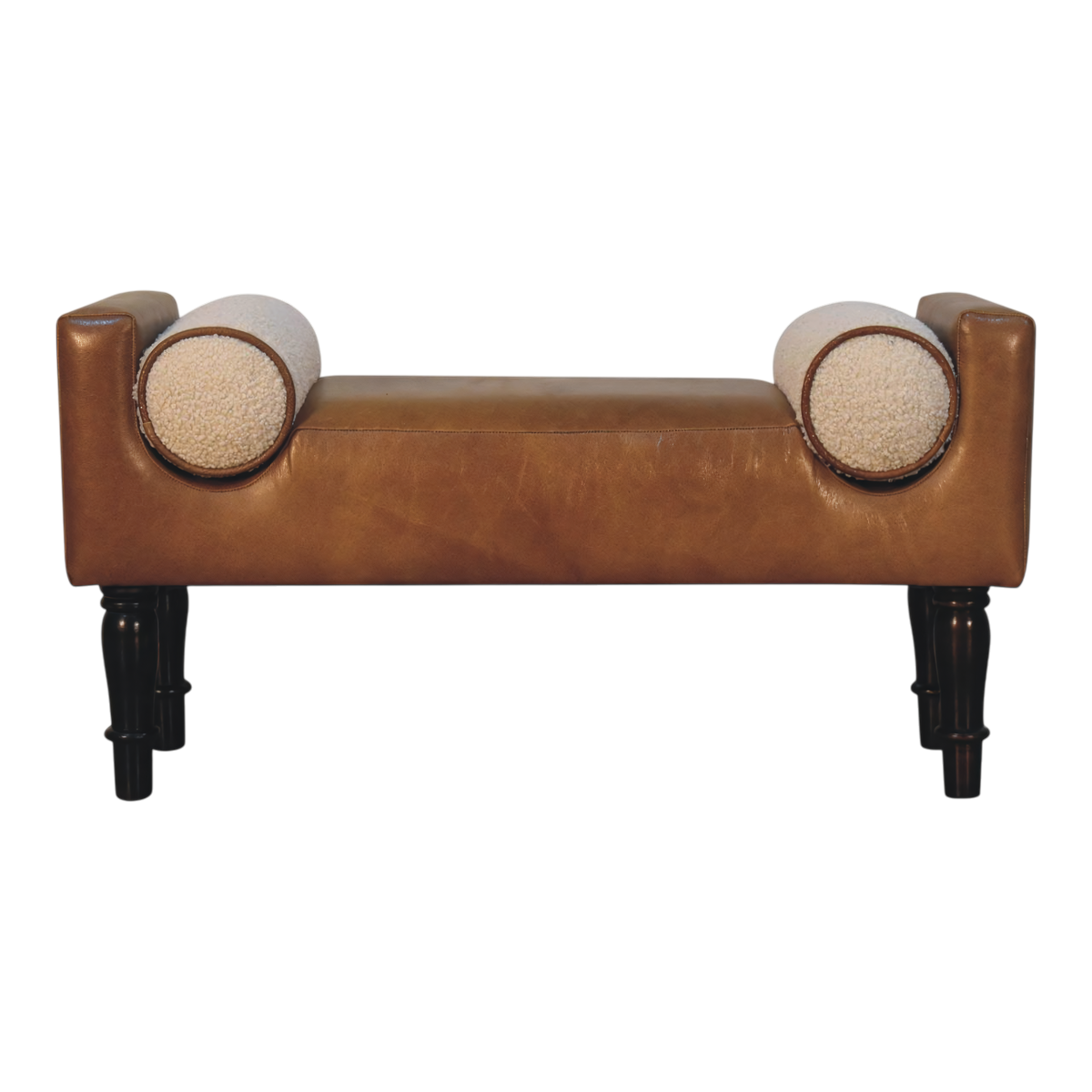 Kelso Leather Bench in Tobacco with Cream Bouclé, front view. Tobacco leather over a solid hardwood frame, bolster arms faced in cream bouclé.