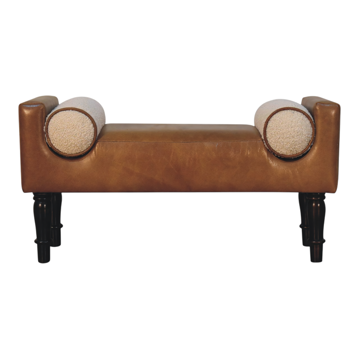 Kelso Leather Bench in Tobacco with Cream Bouclé, front view. Tobacco leather over a solid hardwood frame, bolster arms faced in cream bouclé.