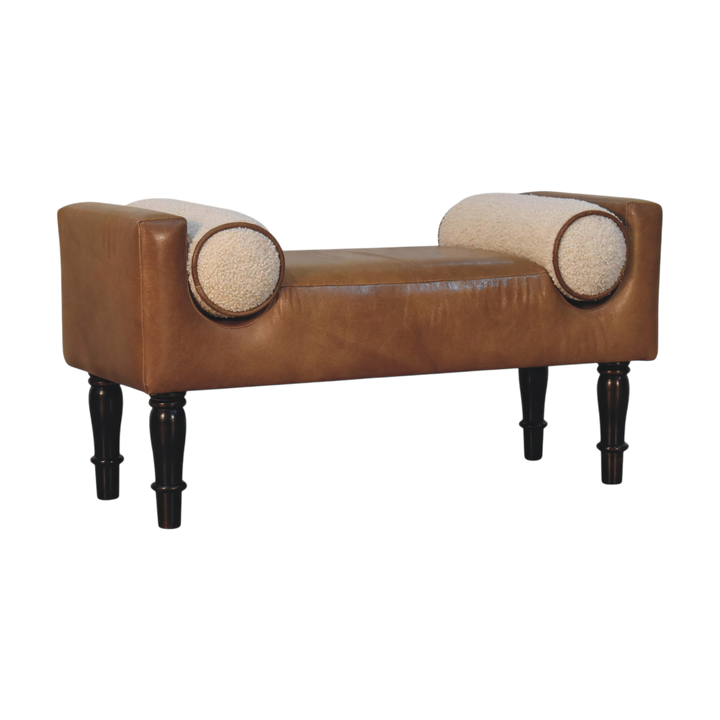 Kelso Leather Bench in Tobacco with Cream Bouclé, three-quarter view showing the full profile.
