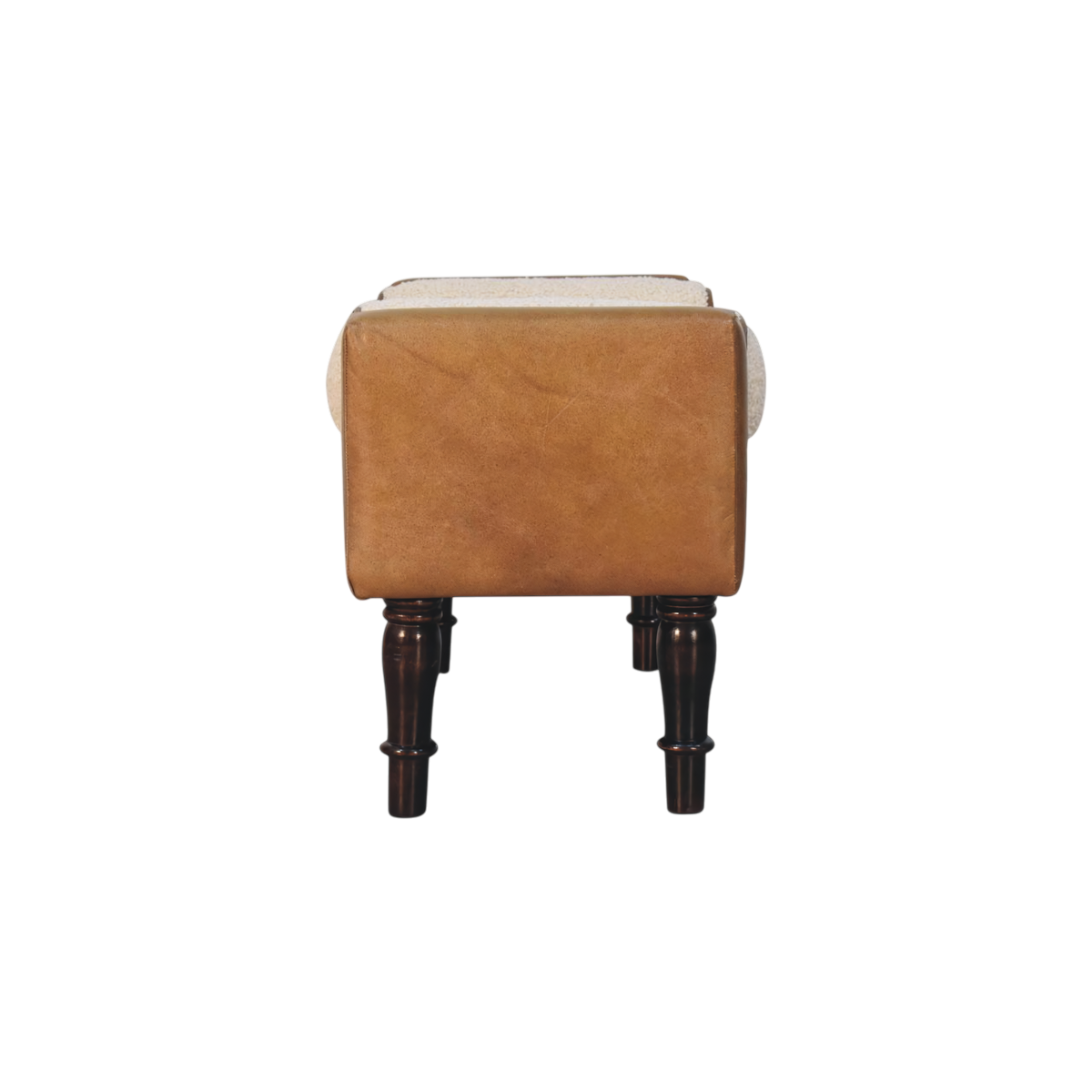 Kelso Leather Bench in Tobacco with Cream Bouclé, side view showing the depth.