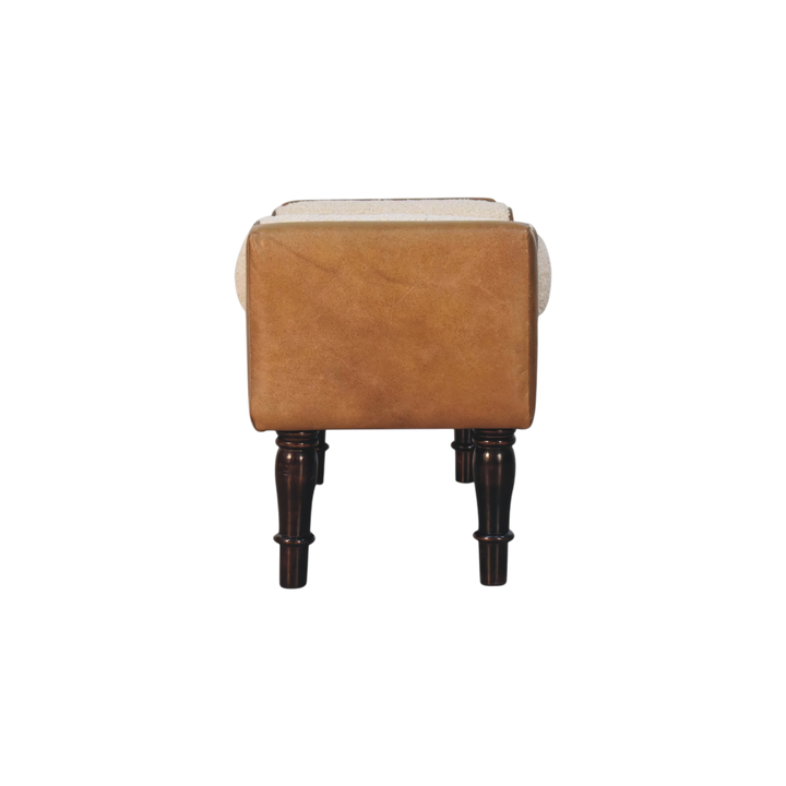 Kelso Leather Bench in Tobacco with Cream Bouclé, side view showing the depth.