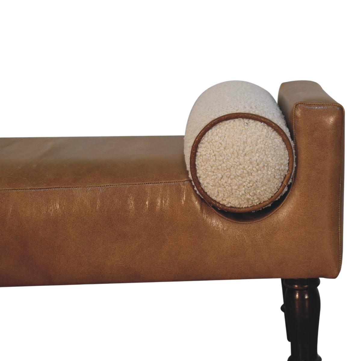 Close view of the arm on the Kelso Leather Bench in Tobacco with Cream Bouclé.