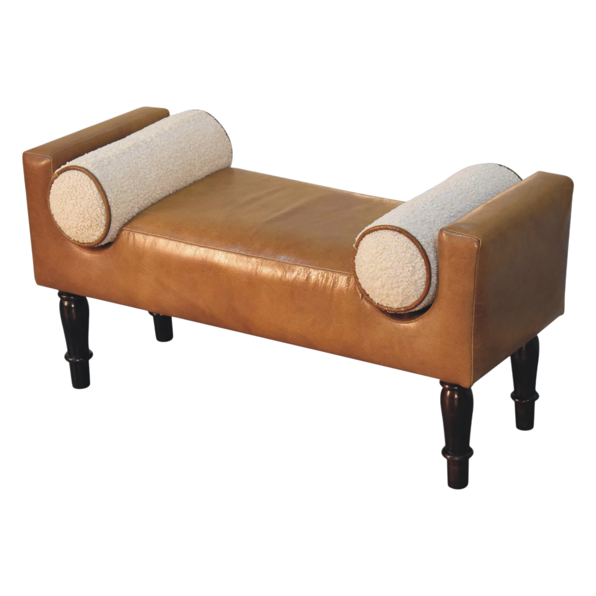 Kelso Leather Bench in Tobacco with Cream Bouclé, three-quarter view from the opposite side.