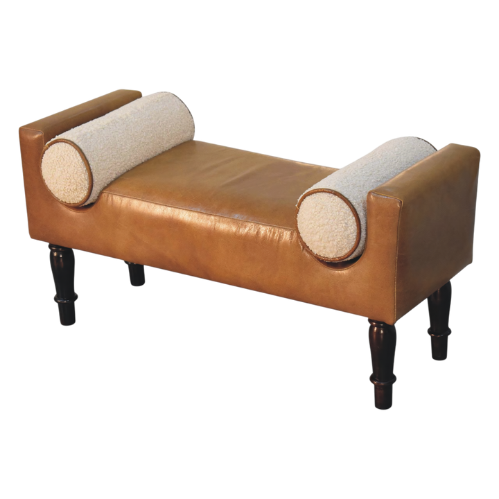 Kelso Leather Bench in Tobacco with Cream Bouclé, three-quarter view from the opposite side.