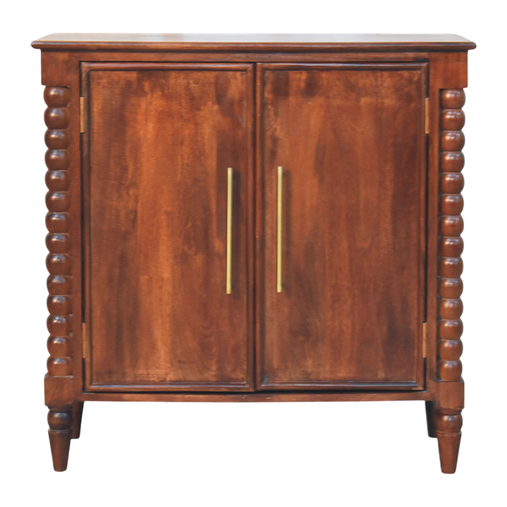 Langham 2-Door Cabinet in Claret, front view. Solid hardwood throughout in a claret finish, bobbin-turned corner columns either side of two doors.