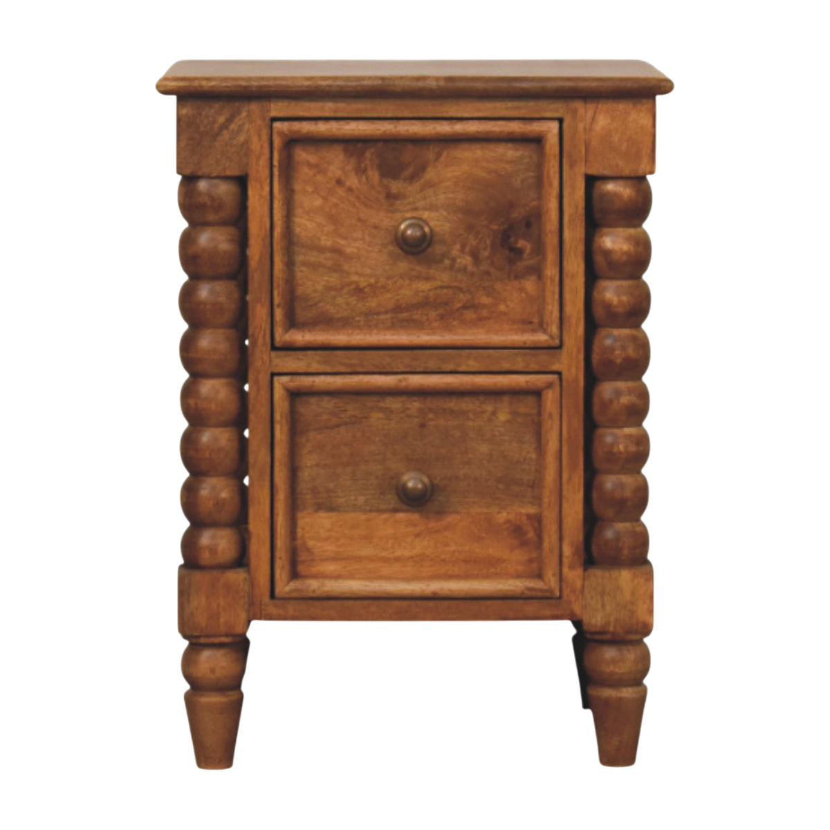 Langham 2-Drawer Bedside Table in Amber, front view. 100% solid hardwood in a warm amber finish, two drawers with turned wooden knobs, turned spindle legs.