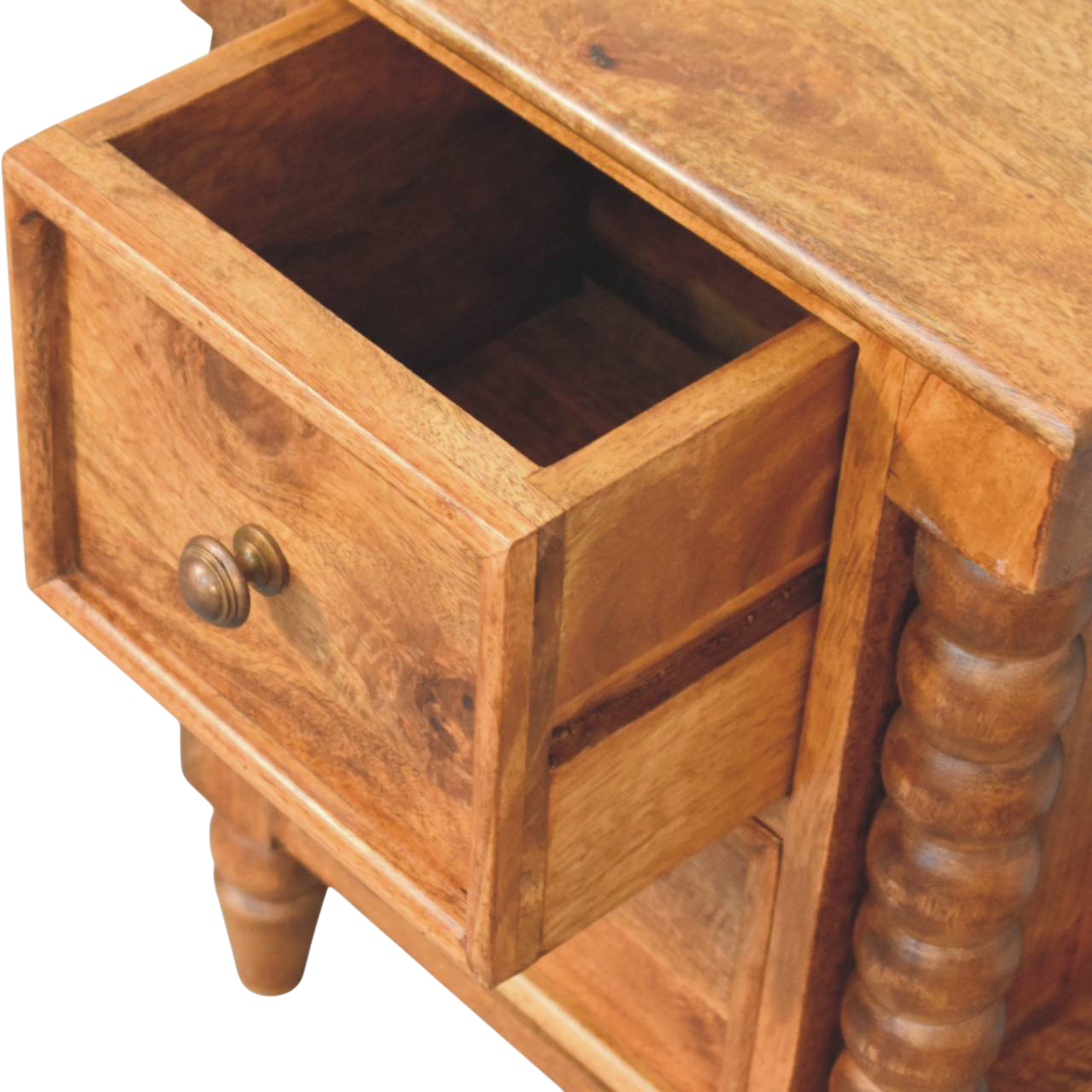 Langham 2-Drawer Bedside Table in Amber, shown with a drawer open.
