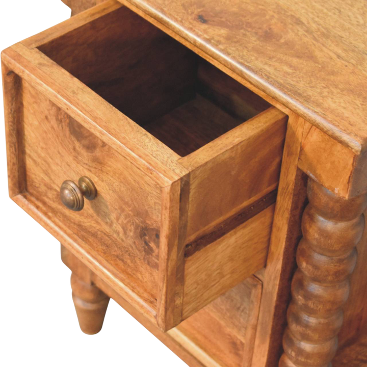 Langham 2-Drawer Bedside Table in Amber, shown with a drawer open.