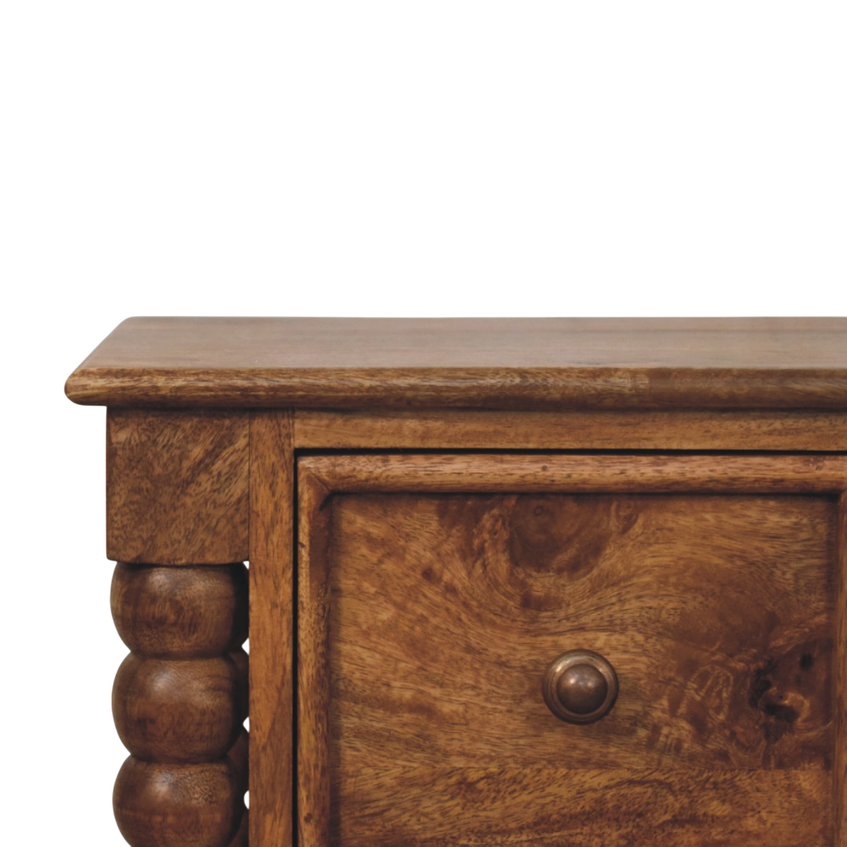 Close view of the drawer front on the Langham 2-Drawer Bedside Table in Amber.