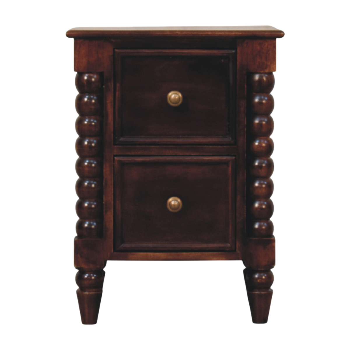 Langham 2-Drawer Bedside Table in Claret, front view. 100% solid hardwood in a deep claret finish, two drawers with brass knobs, turned spindle legs.