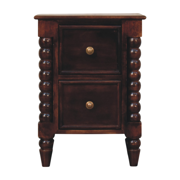 Langham 2-Drawer Bedside Table in Claret, front view. 100% solid hardwood in a deep claret finish, two drawers with brass knobs, turned spindle legs.