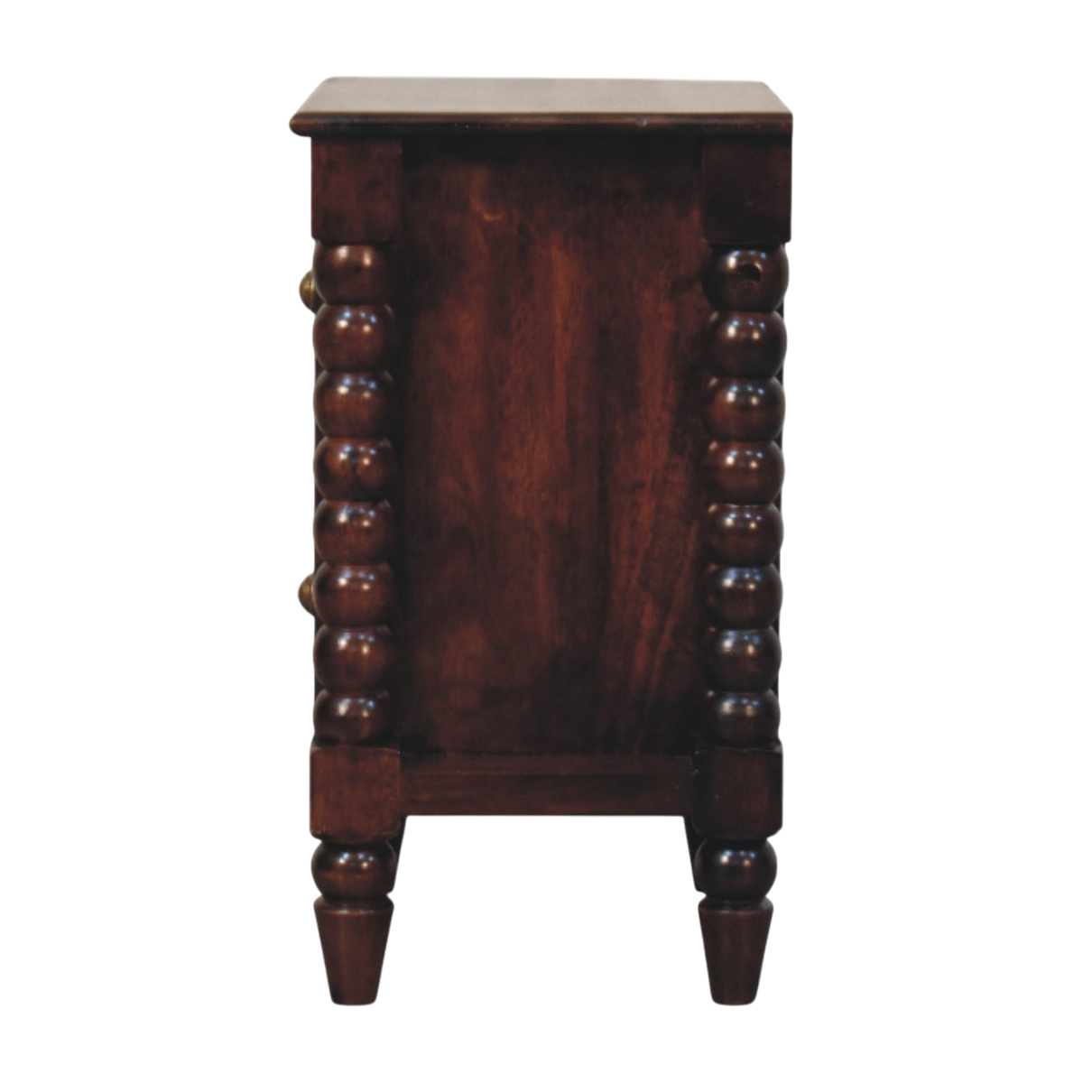 Langham 2-Drawer Bedside Table in Claret, side view showing the depth.
