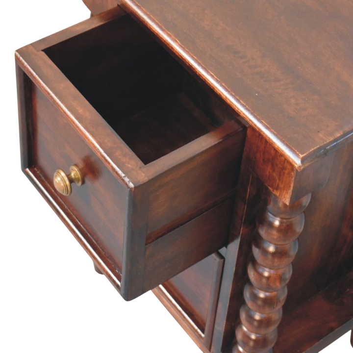 Langham 2-Drawer Bedside Table in Claret, shown with a drawer open.