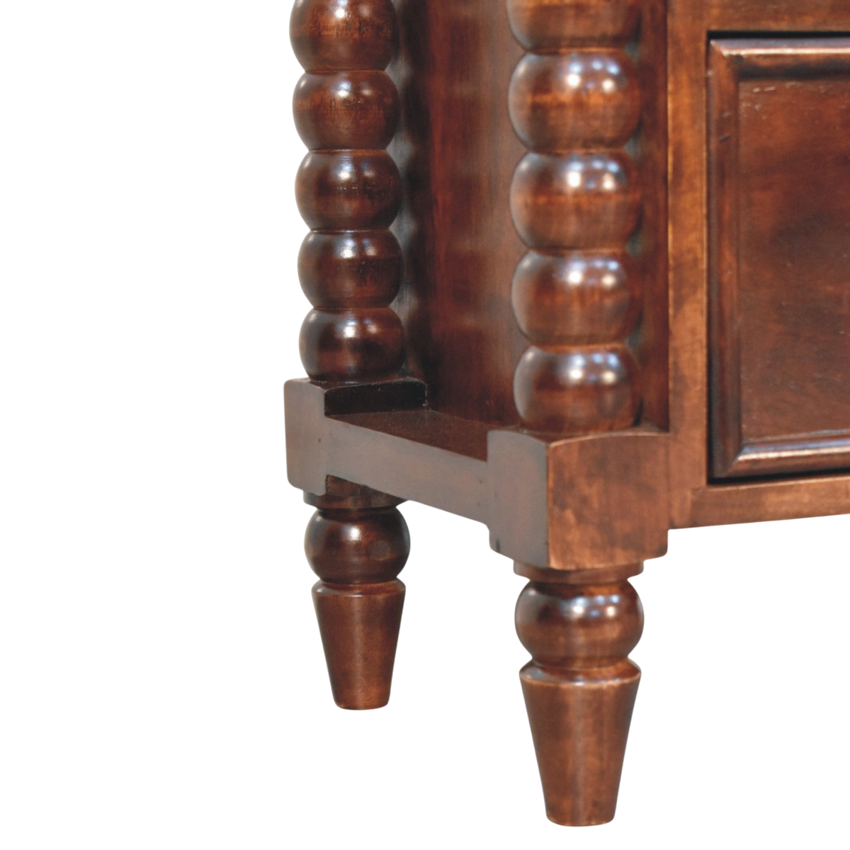 Close view of the bobbin turning on the Langham 2-Drawer Bedside Table in Claret.