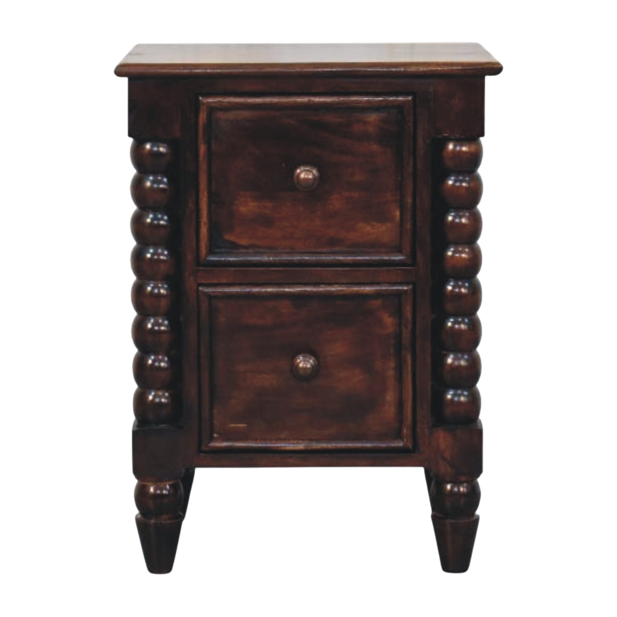 Langham 2-Drawer Bedside Table in Espresso, front view. Espresso hardwood with spindle detailing on the sides.