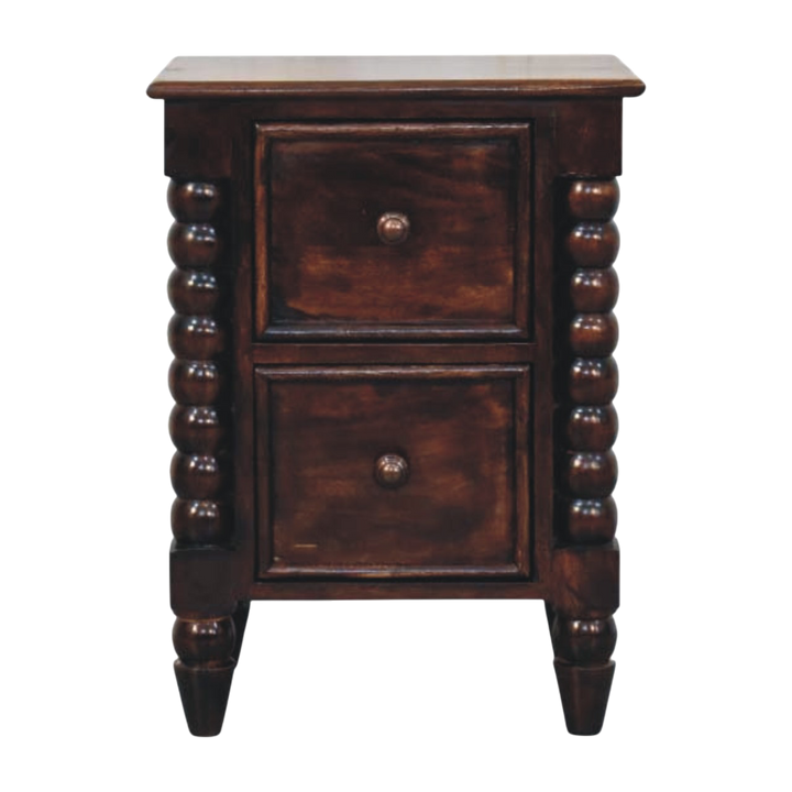 Langham 2-Drawer Bedside Table in Espresso, front view. Espresso hardwood with spindle detailing on the sides.