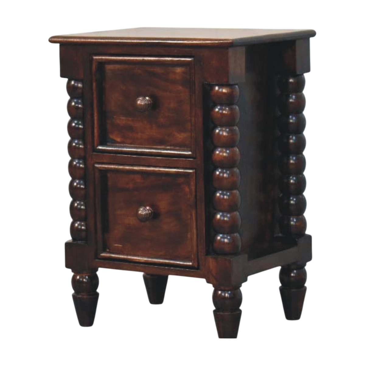 Langham 2-Drawer Bedside Table in Espresso, three-quarter view showing the full profile.