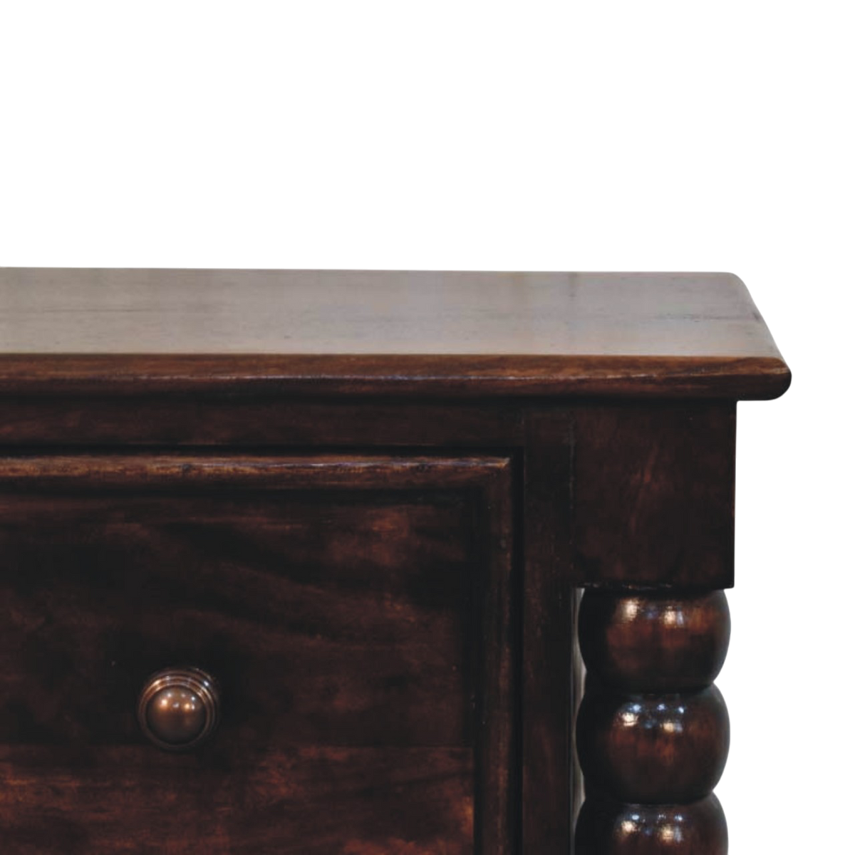 Close view of the drawer front and knob on the Langham 2-Drawer Bedside Table in Espresso.