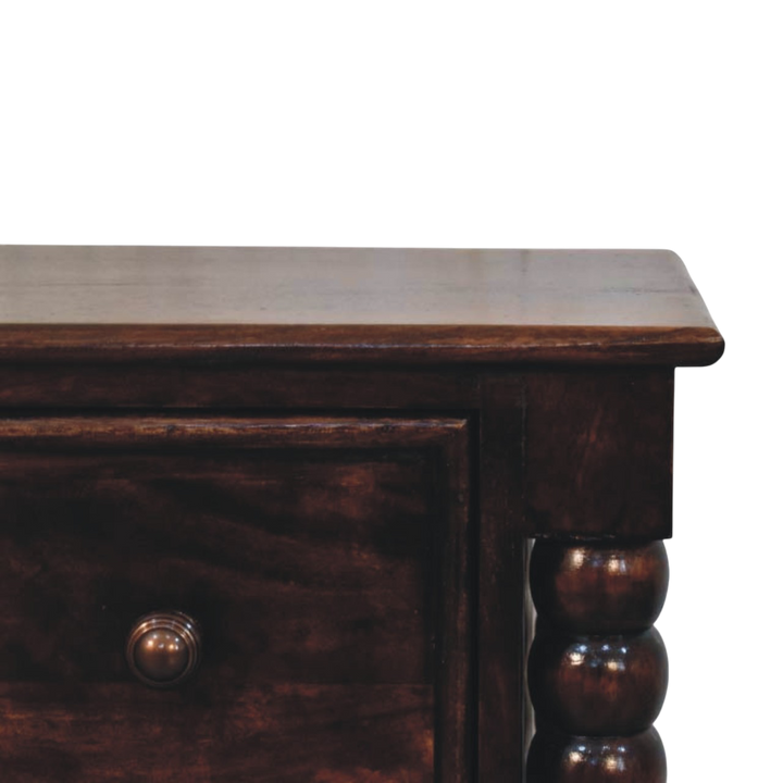 Close view of the drawer front and knob on the Langham 2-Drawer Bedside Table in Espresso.