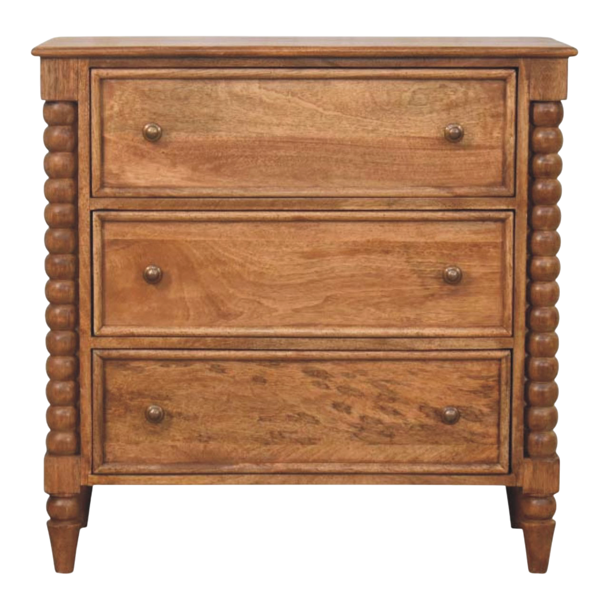 Langham 3-Drawer Dresser in Amber, front view. 100% solid hardwood in a warm amber finish, three full-width drawers with turned wooden knobs.