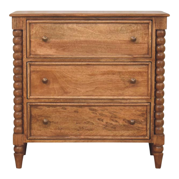 Langham 3-Drawer Dresser in Amber, front view. 100% solid hardwood in a warm amber finish, three full-width drawers with turned wooden knobs.