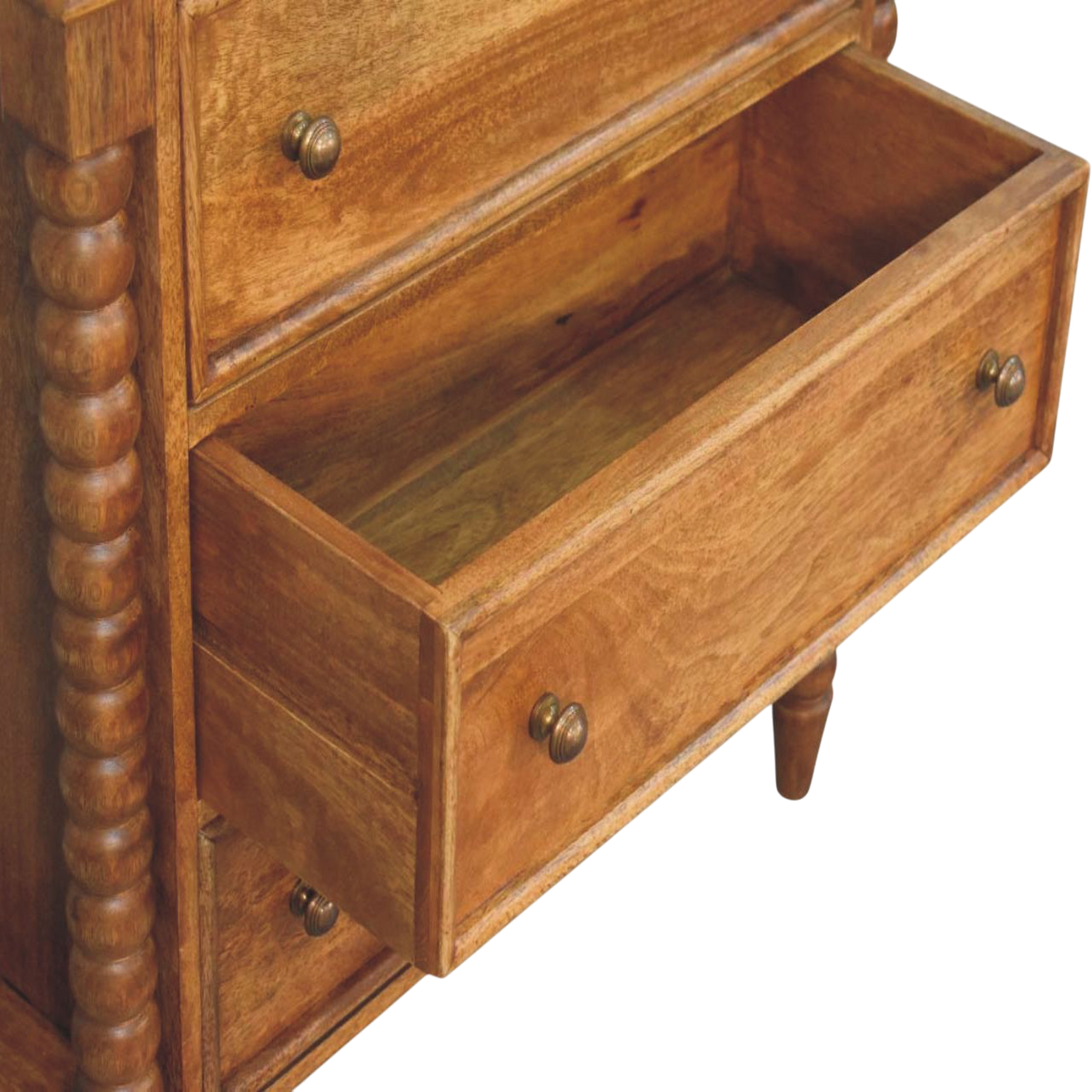 Langham 3-Drawer Dresser in Amber, shown with a drawer open.