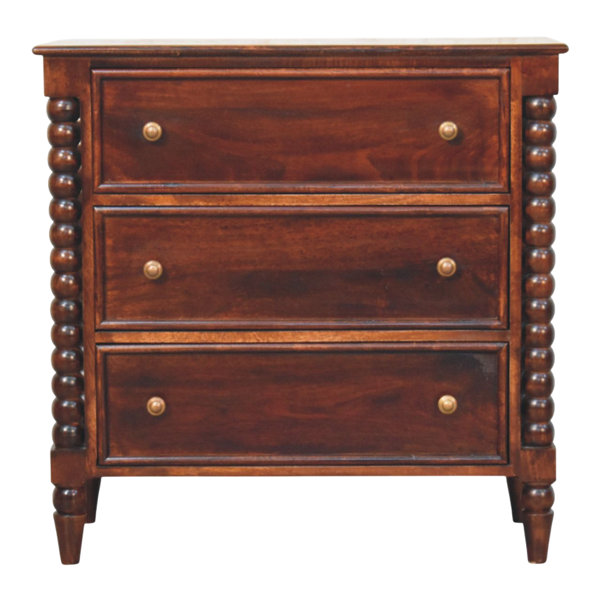 Langham 3-Drawer Dresser in Claret, front view. 100% solid hardwood in a deep claret finish, three full-width drawers with brass knobs, turned spindle legs.