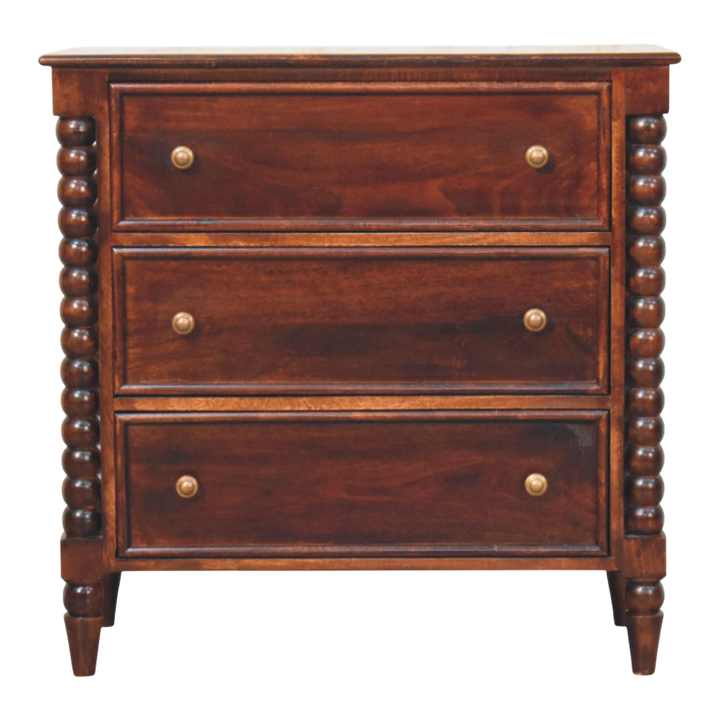 Langham 3-Drawer Dresser in Claret, front view. 100% solid hardwood in a deep claret finish, three full-width drawers with brass knobs, turned spindle legs.