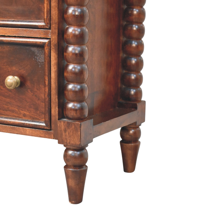 Close view of the legs on the Langham 3-Drawer Dresser in Claret.