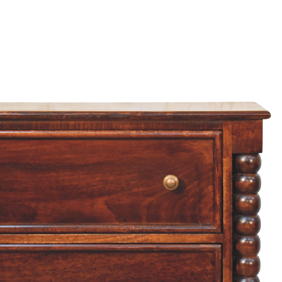Close view of the top on the Langham 3-Drawer Dresser in Claret.