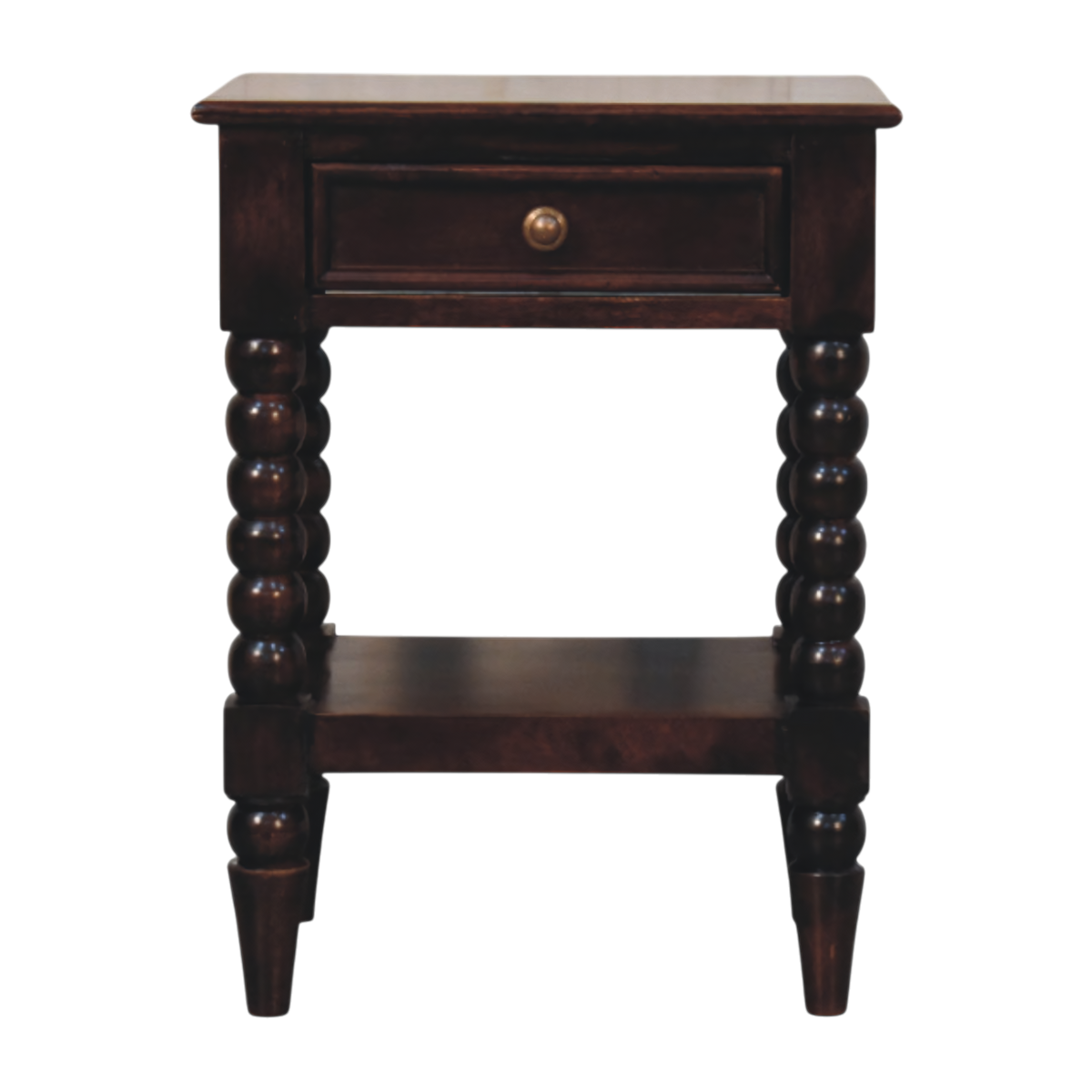 Langham Bedside Table in Claret, front view. Solid hardwood throughout, claret finish, carved spindle legs.