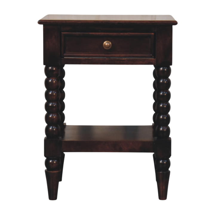 Langham Bedside Table in Claret, front view. Solid hardwood throughout, claret finish, carved spindle legs.