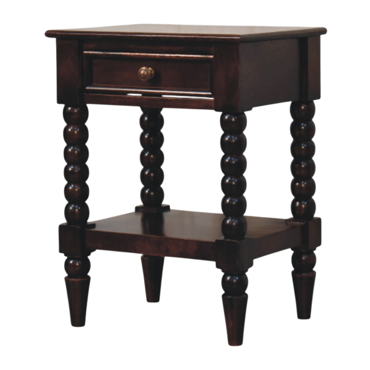 Langham Bedside Table in Claret, three-quarter view showing the full profile.