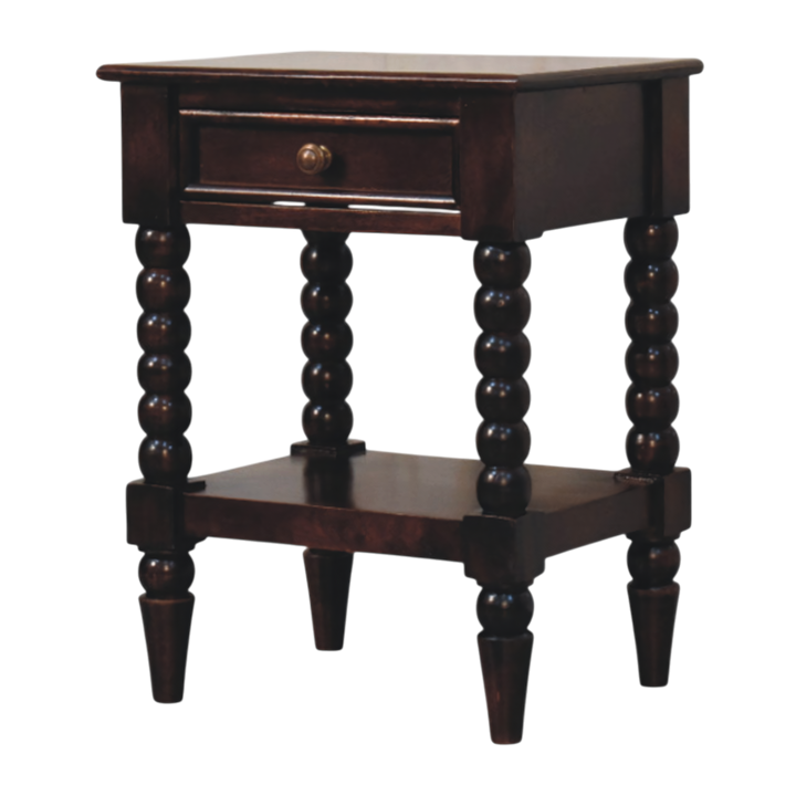 Langham Bedside Table in Claret, three-quarter view showing the full profile.