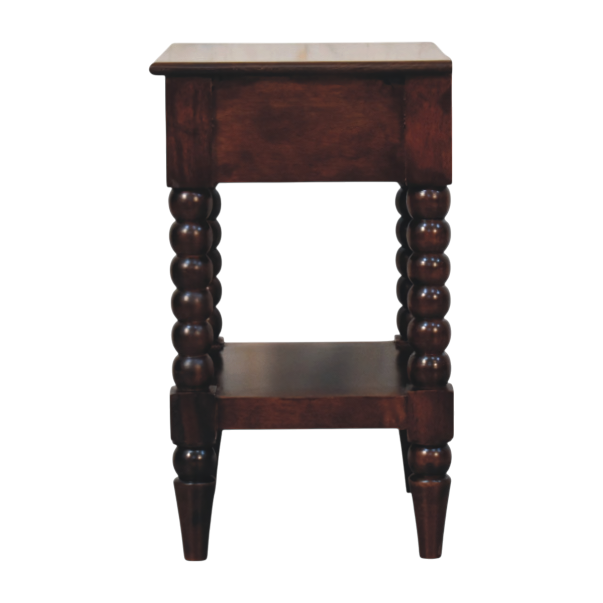 Langham Bedside Table in Claret, side view showing the depth.