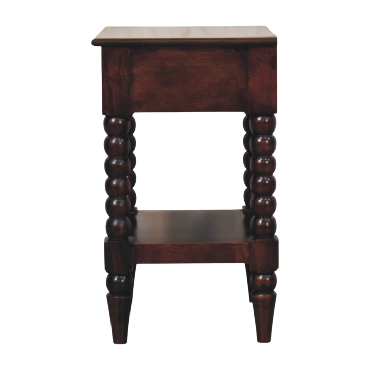 Langham Bedside Table in Claret, side view showing the depth.