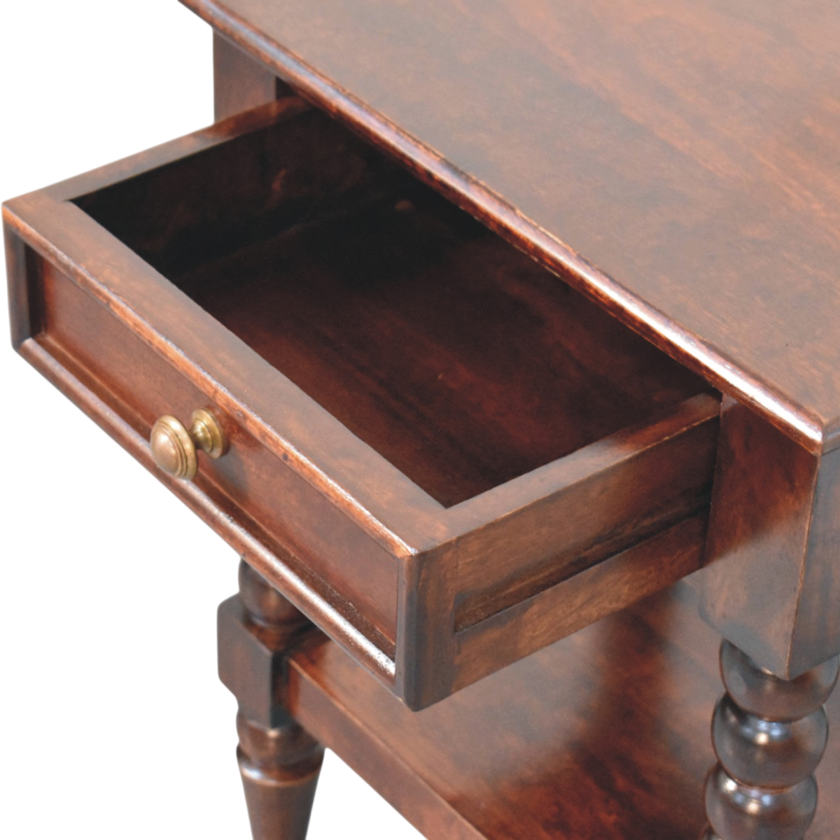 Langham Bedside Table in Claret, shown with a drawer open.