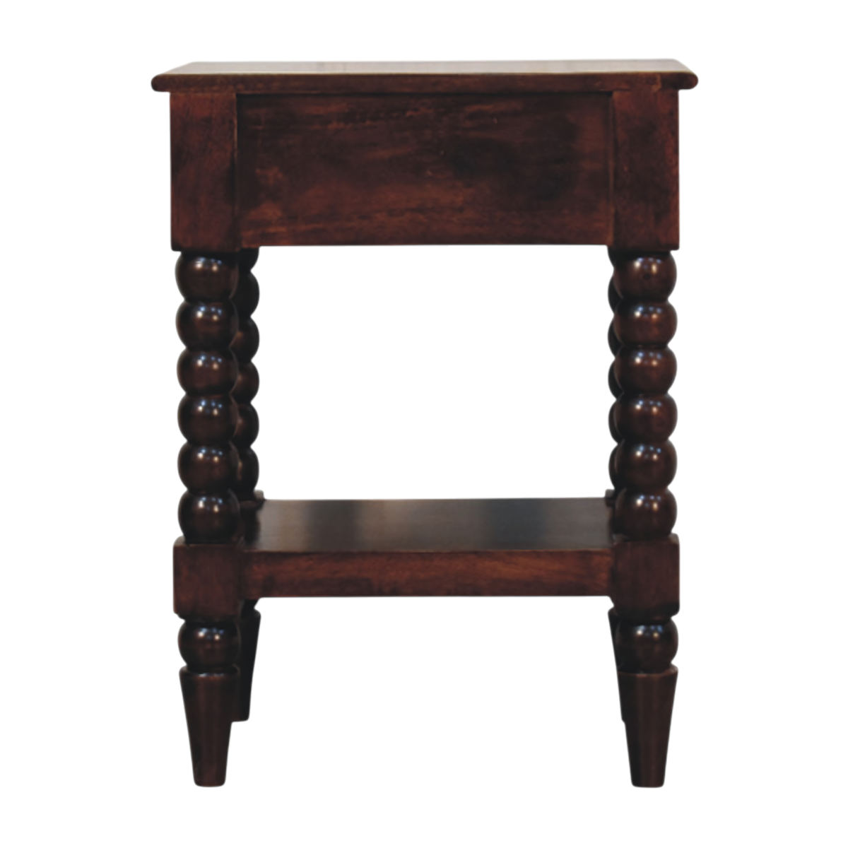 Langham Bedside Table in Claret, rear view.