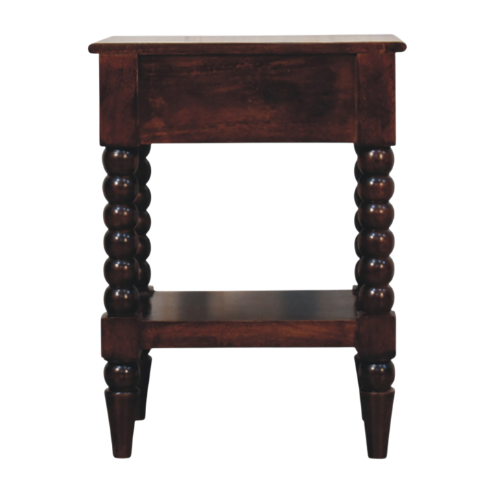 Langham Bedside Table in Claret, rear view.