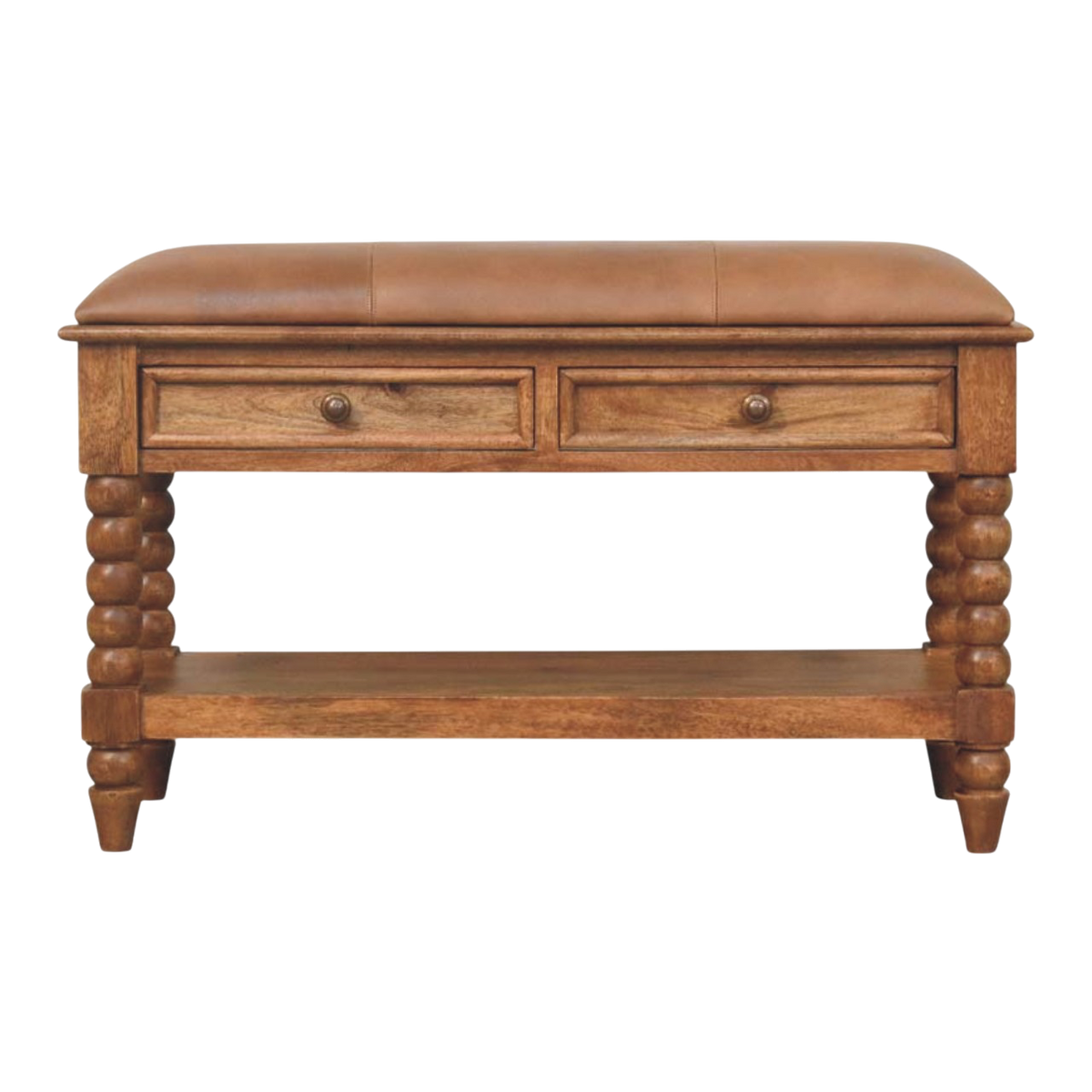 Langham Bobbin Bench in Amber with Tobacco Leather, front view. Amber oak spindle legs with a handcrafted leather seat.