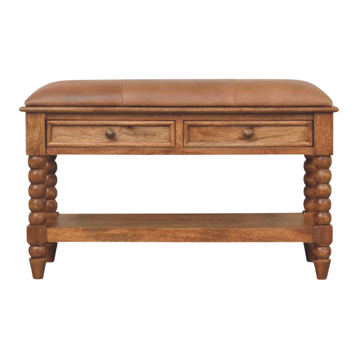 Langham Bobbin Bench in Amber with Tobacco Leather, front view. Amber oak spindle legs with a handcrafted leather seat.
