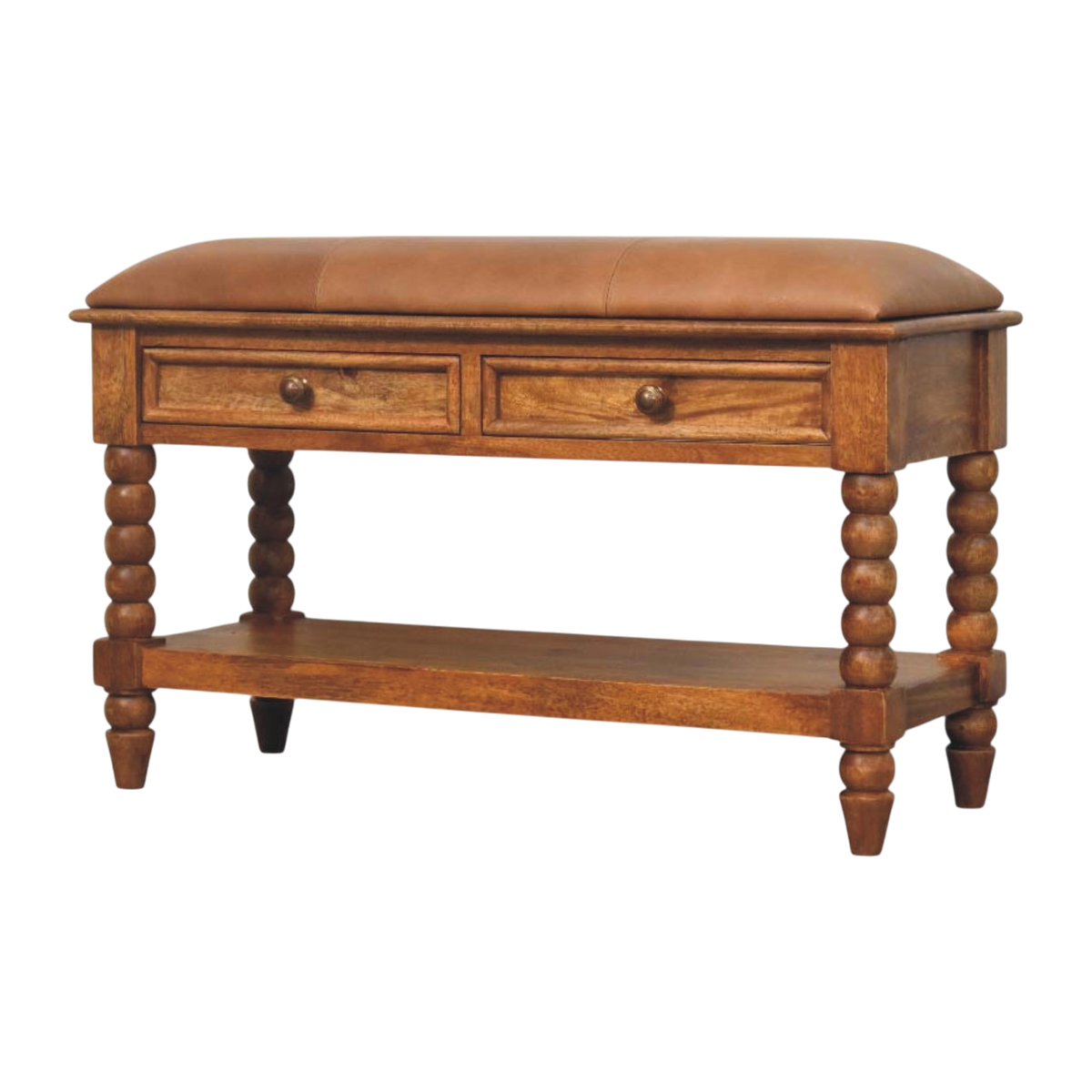 Langham Bobbin Bench in Amber with Tobacco Leather, three-quarter view showing the full profile.