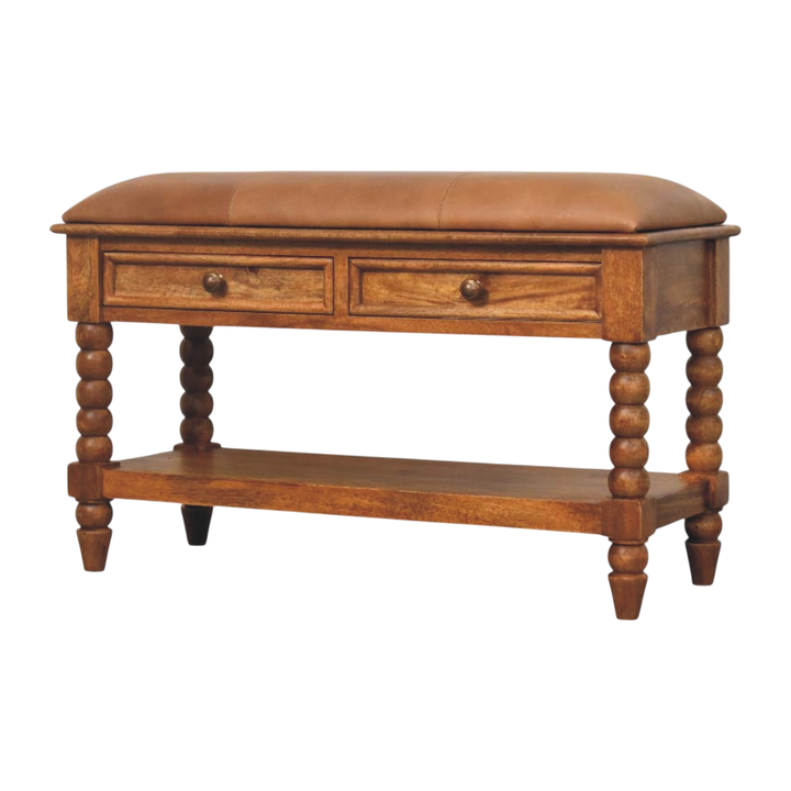 Langham Bobbin Bench in Amber with Tobacco Leather, three-quarter view showing the full profile.