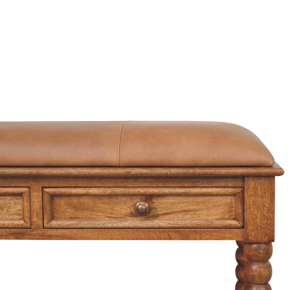 Close view of the upholstered seat on the Langham Bobbin Bench in Amber with Tobacco Leather.