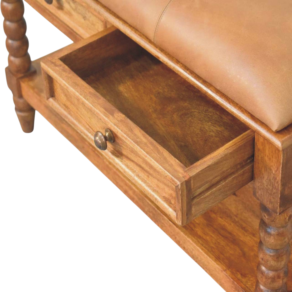 Langham Bobbin Bench in Amber with Tobacco Leather, shown with a drawer open.