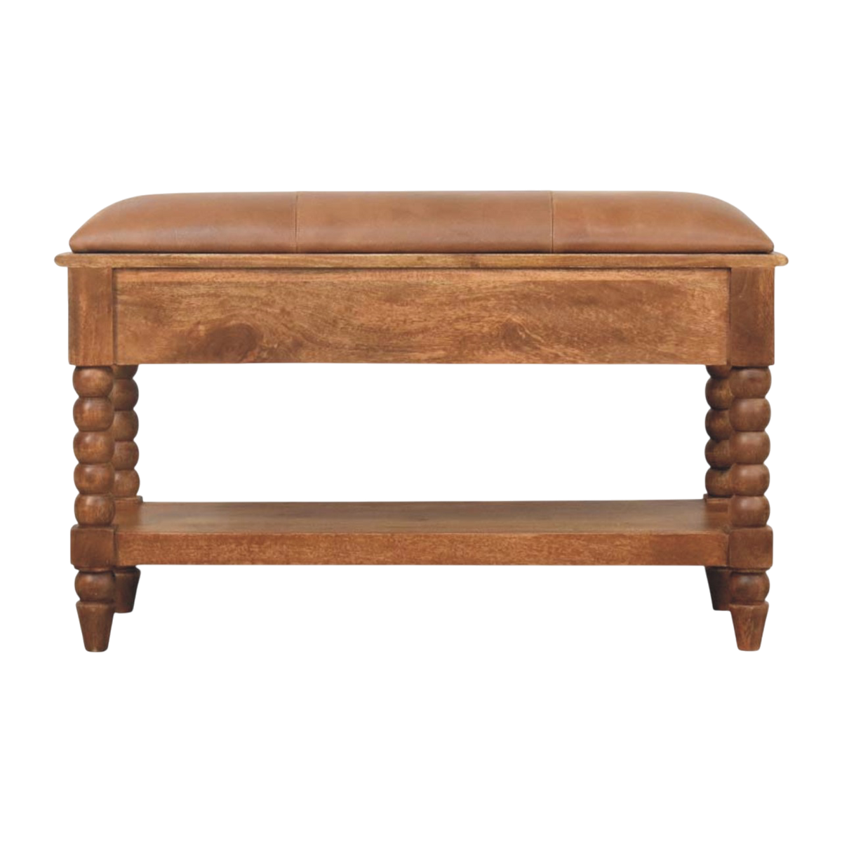 Langham Bobbin Bench in Amber with Tobacco Leather, viewed from the back.