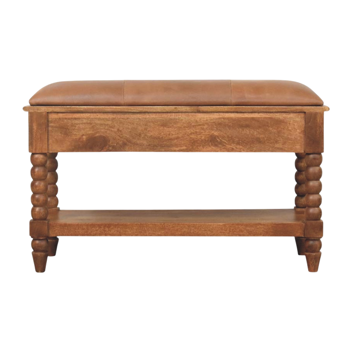 Langham Bobbin Bench in Amber with Tobacco Leather, viewed from the back.