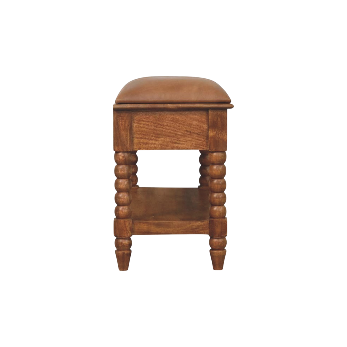 Langham Bobbin Bench in Amber with Tobacco Leather, side view showing the depth.